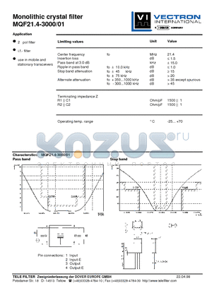 MQF21.4-3000-01 datasheet - Monolithic crystal filter