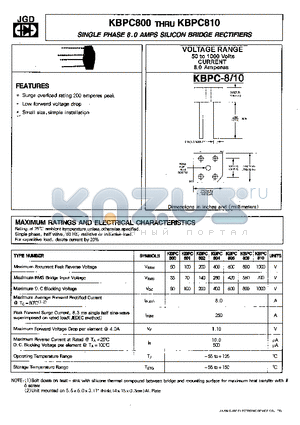 KBPC804 datasheet - SINGLE PHASE 8.0 AMPS. SILICON BRIDGE RECTIFIERS
