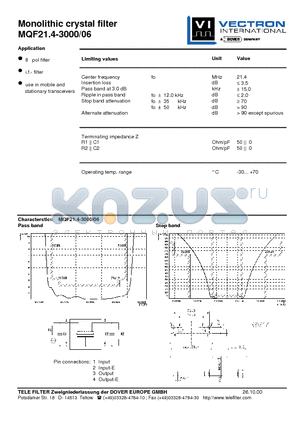 MQF21.4-3000-06 datasheet - Monolithic crystal filter