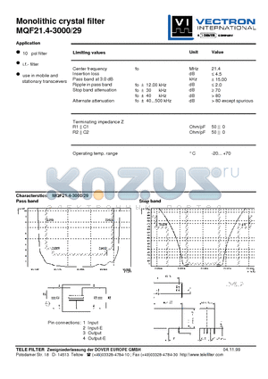 MQF21.4-3000-29 datasheet - Monolithic crystal filter