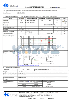 MB6013ABC-2 datasheet - Electrical Characteristics Test Condition (Vs= 2 . 0 V, RL= 2 . 2 k ohm, Ta=20`C, RH=65%)