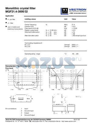 MQF21.4-3000-32 datasheet - Monolithic crystal filter