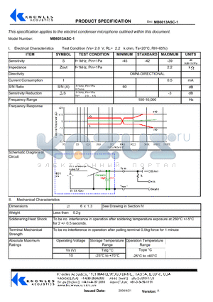 MB6013ASC-1 datasheet - Electrical Characteristics Test Condition (Vs= 2 . 0 V, RL= 2 . 2 k ohm, Ta=20`C, RH=65%)