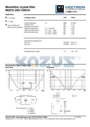 MQF21.855-1200-01 datasheet - Monolithic crystal filter