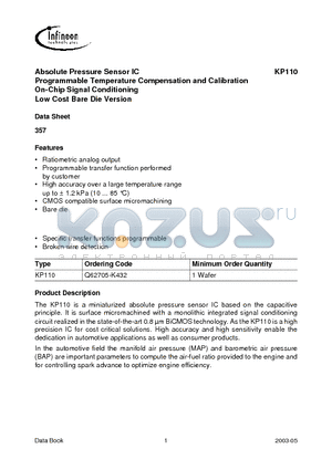 Q62705-K432 datasheet - Absolute Pressure Sensor IC Programmable Temperature Compensation and Calibration On-Chip Signal Conditioning Low Cost Bare Die Version