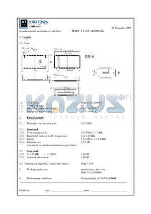 MQF35.25-2600-06 datasheet - Specification for monolithic crystal filter