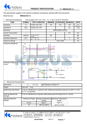 MB6022ASC-1L datasheet - Electrical Characteristics Test Condition (Vs= 2 . 0 V, RL= 2 . 2 k ohm, Ta=20`C, RH=65%)