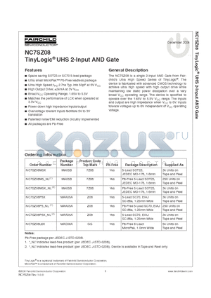 NC7SZ08 datasheet - TinyLogic UHS 2-Input AND Gate
