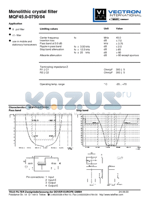 MQF45.0-0750-04 datasheet - Monolithic crystal filter