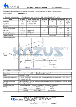 MB6052USZ-2 datasheet - Electrical Characteristics Test Condition (Vs= 2 . 0 V, RL= 2 . 2 k ohm, Ta=20`C, RH=65%)