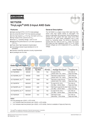 NC7SZ08P5X datasheet - TinyLogic UHS 2-Input AND Gate