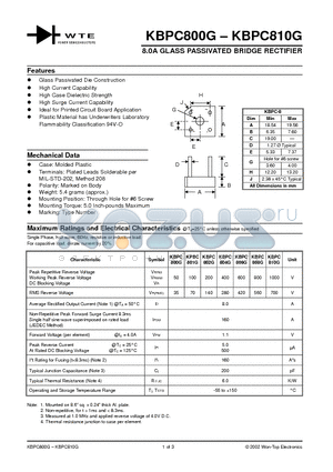 KBPC806G datasheet - 8.0A GLASS PASSIVATED BRIDGE RECTIFIER