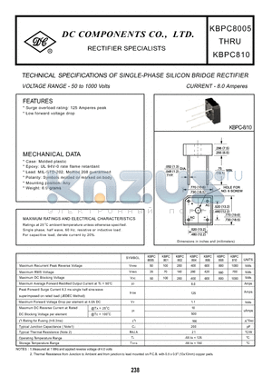 KBPC808 datasheet - TECHNICAL SPECIFICATIONS OF SINGLE-PHASE SILICON BRIDGE RECTIFIER