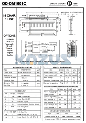 OD-DM1601C datasheet - ORIENT DISPLAY