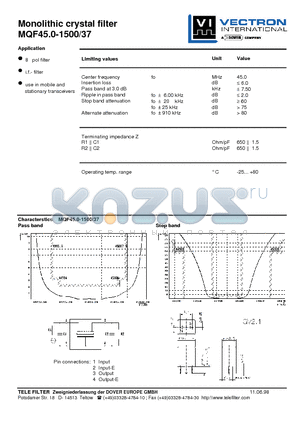 MQF45.0-1500-37 datasheet - Monolithic crystal filter