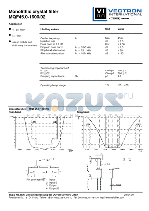 MQF45.0-1600-02 datasheet - Monolithic crystal filter