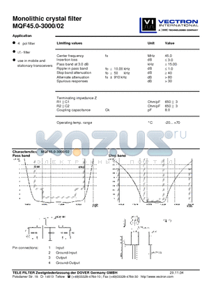 MQF45.0-3000-02 datasheet - Monolithic crystal filter