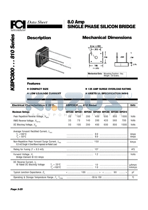 KBPC810 datasheet - 8.0 Amp SINGLE PHASE SILICON BRIDGE