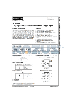 NC7SZ14 datasheet - TinyLogic UHS Inverter with Schmitt Trigger Input