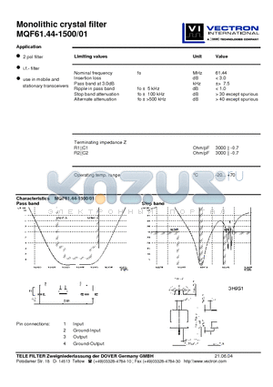 MQF61.44-1500-01 datasheet - Monolithic crystal filter