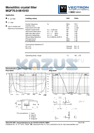 MQF70.0-0610-03 datasheet - Monolithic crystal filter