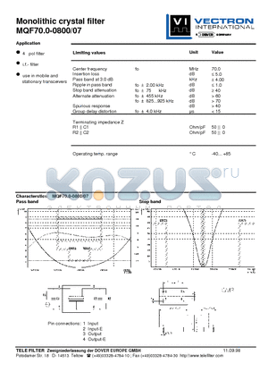 MQF70.0-0800-07 datasheet - Monolithic crystal filter