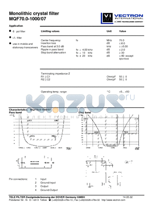 MQF70.0-1000-07_02 datasheet - Monolithic crystal filter