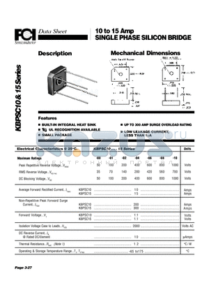 KBPSC10 datasheet - 10 to 15 Amp SINGLE PHASE SILICON BRIDGE