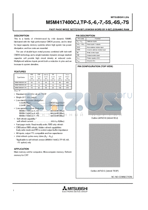 M5M417400CJ-6 datasheet - FAST PAGE MODE 16777216-BIT (4194304-WORD BY 4-BIT) DYNAMIC RAM