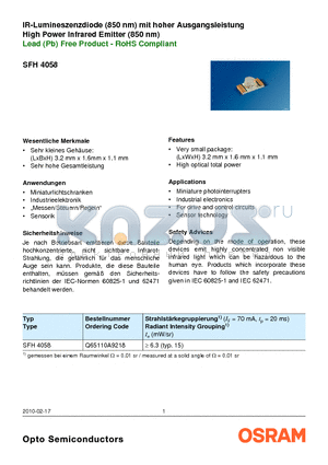 Q65110A9218 datasheet - IR-Lumineszenzdiode (850 nm) mit hoher Ausgangsleistung