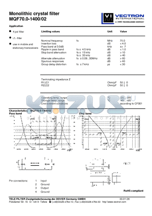 MQF70.0-1400-02 datasheet - Monolithic crystal filter