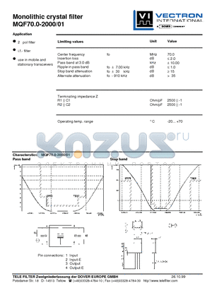 MQF70.0-2000-01 datasheet - Monolithic crystal filter