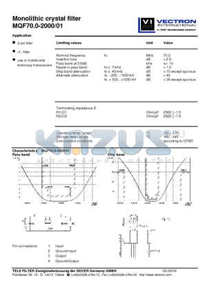 MQF70.0-2000-01 datasheet - Monolithic crystal filter