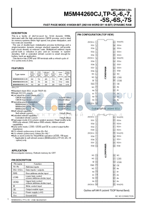 M5M44260CJ-6S datasheet - FAST PAGE MODE 4194304-BIT (262144-WORD BY 16-BIT) DYNAMIC RAM