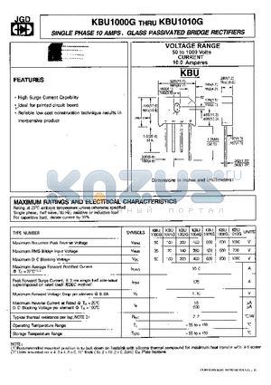 KBU1000G datasheet - SINGLE PHASE 10 AMPS. GLASS PASSIVATED BRIDGE RECTIFIERS