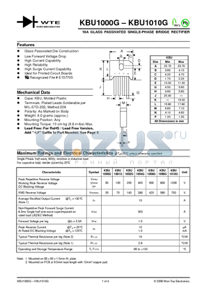 KBU1000G datasheet - 10A GLASS PASSIVATED SINGLE-PHASE BRIDGE RECTIFIER