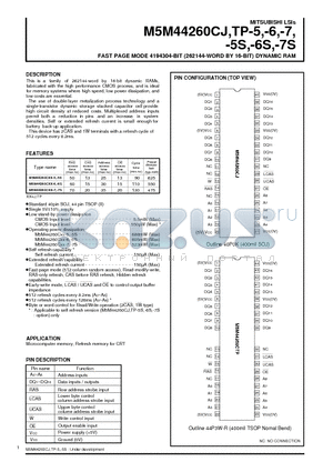 M5M44260CTP-6S datasheet - FAST PAGE MODE 4194304-BIT (262144-WORD BY 16-BIT) DYNAMIC RAM