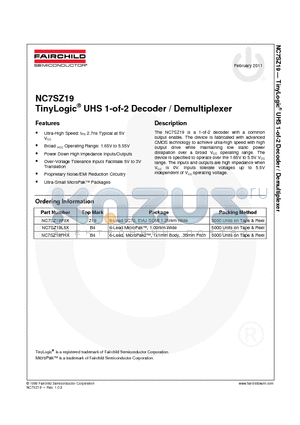 NC7SZ19_11 datasheet - TinyLogic^ UHS 1-of-2 Decoder / Demultiplexer