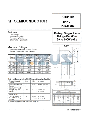 KBU1001 datasheet - 10 Amp Single Phase Bridge Rectifier 50 to 1000 Volts