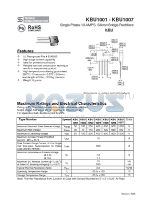 KBU1001 datasheet - Single Phase 10 AMPS. Silicon Bridge Rectifiers