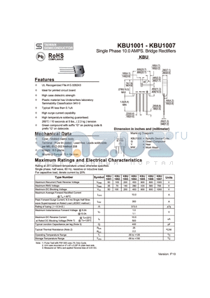 KBU1001 datasheet - Single Phase 10.0 AMPS. Bridge Rectifiers