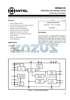 MH88612K datasheet - Subscriber Line Interface Circuit Preliminary Information