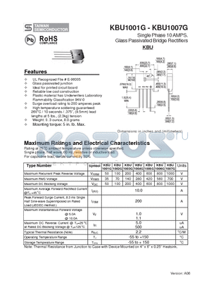 KBU1001G datasheet - Single Phase 10 AMPS. Glass Passivated Bridge Rectifiers