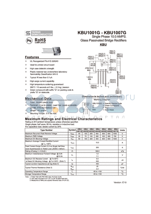KBU1001G datasheet - Single Phase 10 AMPS. Glass Passivated Bridge Rectifiers