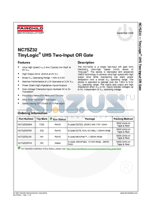 NC7SZ32_09 datasheet - TinyLogic^ UHS Two-Input OR Gate