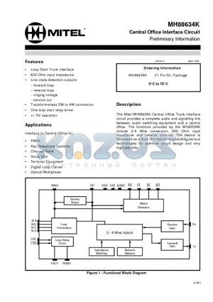 MH88634K datasheet - Central Office Interface Circuit Preliminary Information