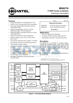 MH89770 datasheet - T1/ESF Framer & Interface Preliminary Information