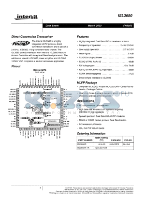 ISL3680IR-TK datasheet - Direct Conversion Transceiver