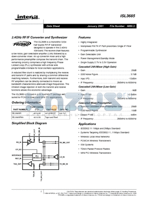 ISL3685IR96 datasheet - 2.4GHz RF/IF Converter and Synthesizer