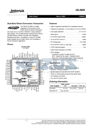 ISL3690 datasheet - Dual Band Direct Conversion Transceiver